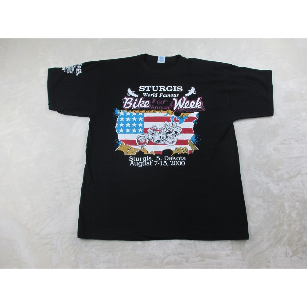 VINTAGE‎ Sturgis Shirt Mens Large Black 60th Annual Bike Week USA Flag 2000*